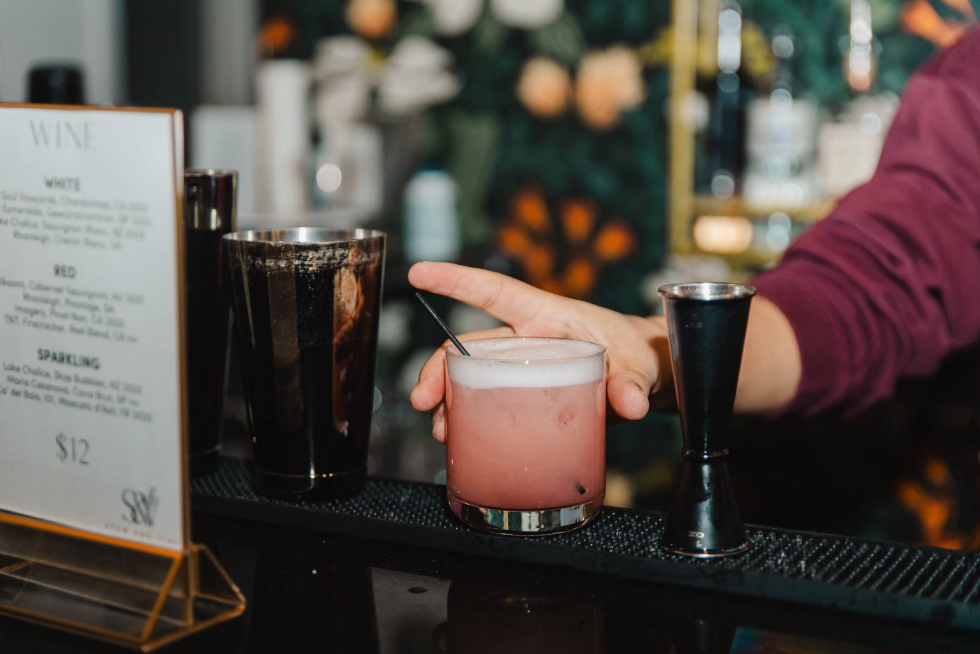 Signature cocktail served at the Botany Bar during a corporate reception at Stem & Vine, Baltimore