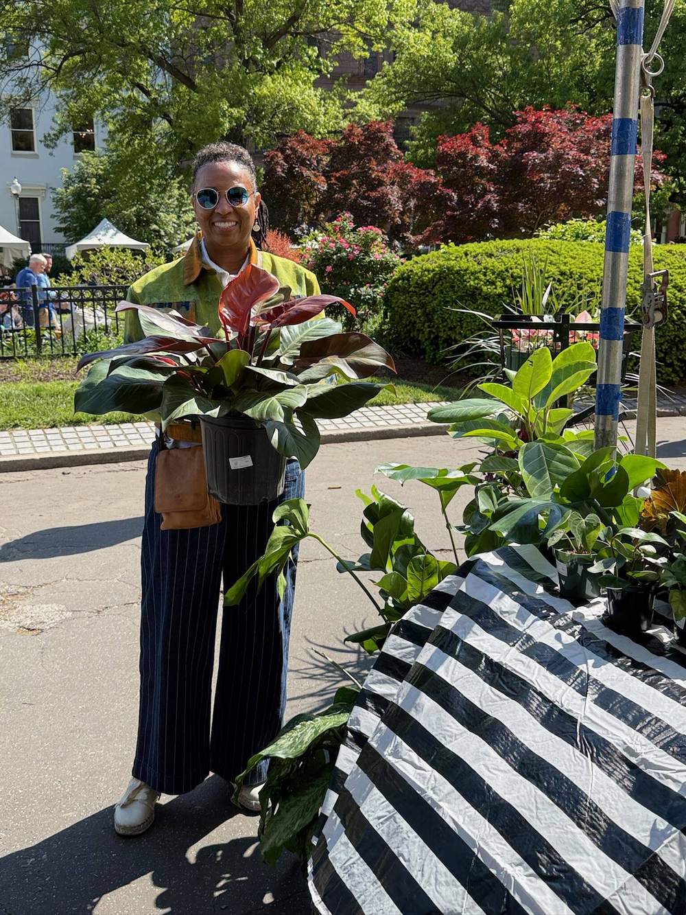 Shopper holding a broad leaf houseplant at a Stem & Vine plant market in Baltimore