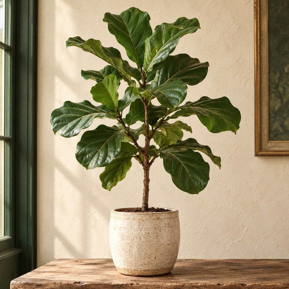 A fiddle leaf fig with broad violin-shaped leaves in a cream ceramic pot. One of the African houseplants in the Stem & Vine plant atlas, Baltimore.