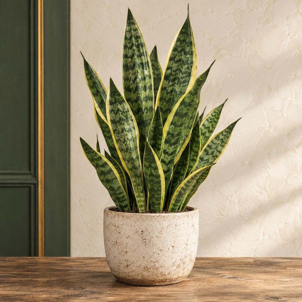 A snake plant, its stiff variegated blades edged in yellow, in a cream ceramic pot. One of the African houseplants in the Stem & Vine plant atlas, Baltimore.
