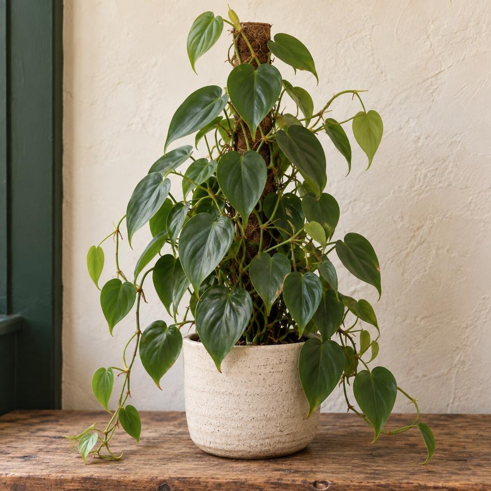 A heartleaf philodendron trailing long vines of glossy heart-shaped leaves from a cream ceramic pot. One of the houseplants of the Americas in the Stem & Vine plant atlas, Baltimore.