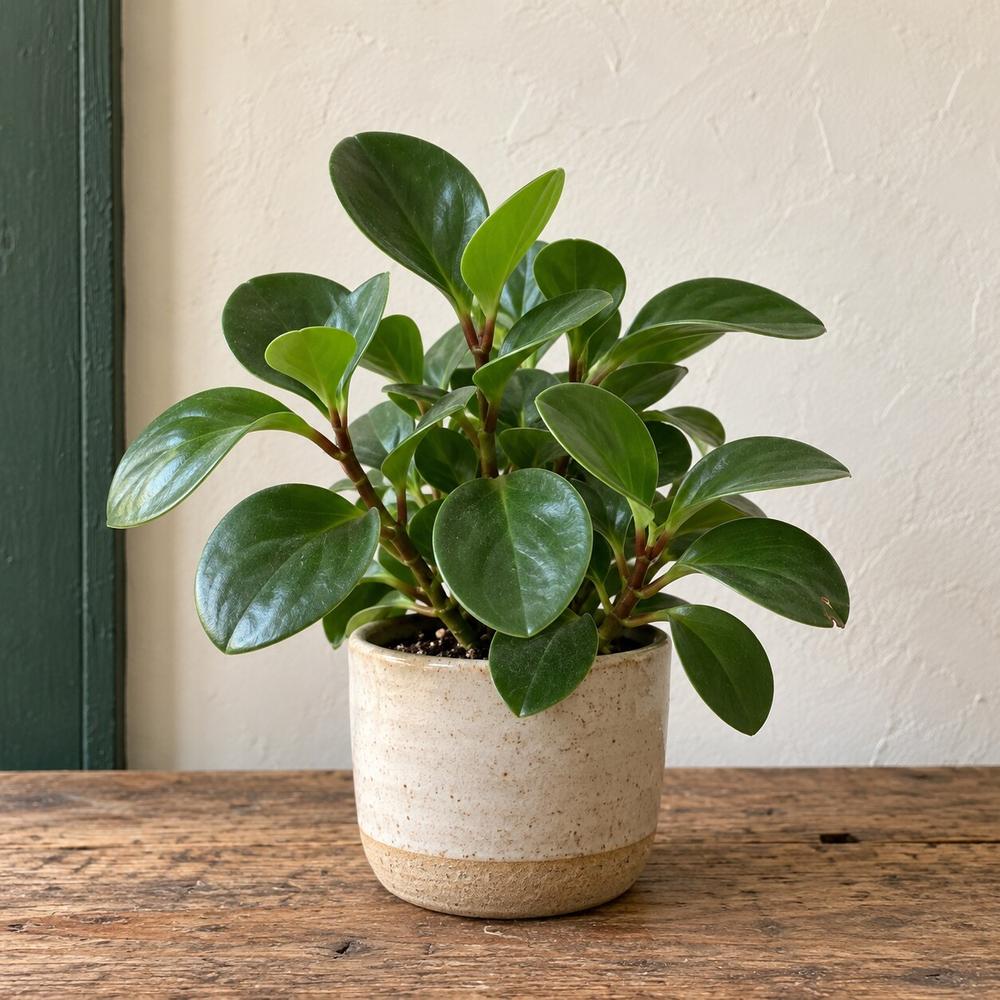 A radiator plant with thick rounded leaves on red stems in a cream ceramic pot. One of the houseplants of the Americas in the Stem & Vine plant atlas, Baltimore.