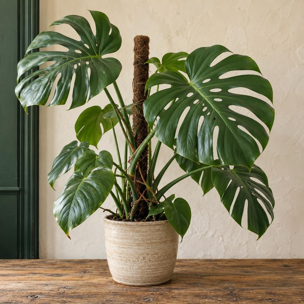 A Swiss cheese plant climbing a moss pole, its split leaves fanning wide, in a cream ceramic pot. One of the houseplants of the Americas in the Stem & Vine plant atlas, Baltimore.
