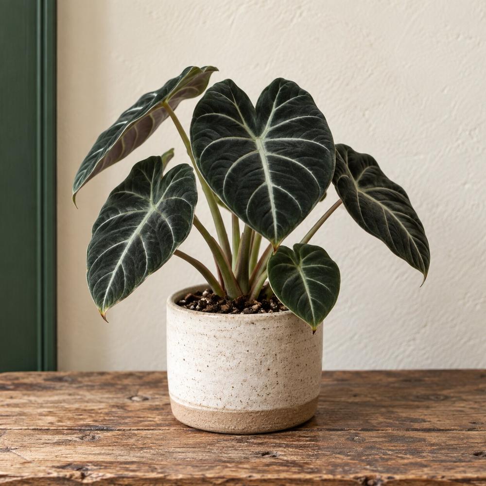 A black velvet alocasia, near-black leaves pulled through with silver veins, in a cream ceramic pot. One of the Asian houseplants in the Stem & Vine plant atlas, Baltimore.