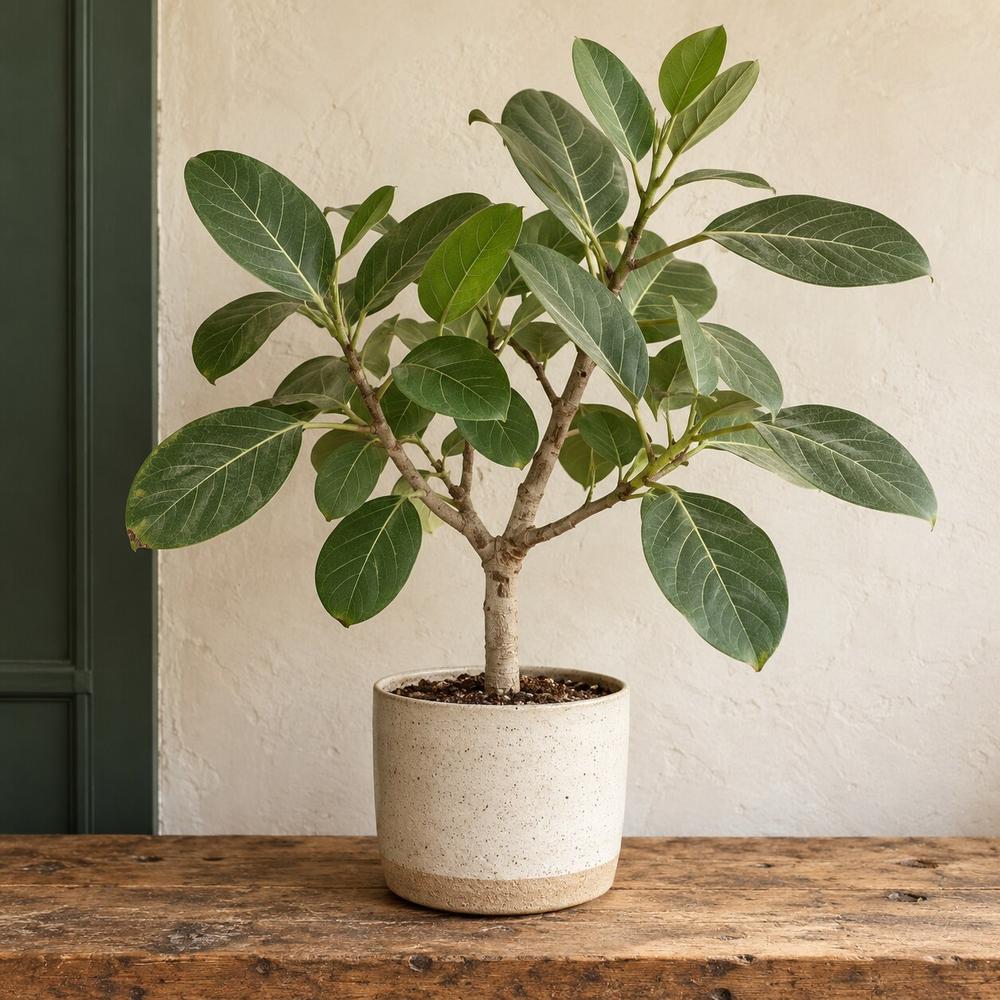 A ficus Audrey with soft velvety oval leaves on a pale trunk, in a cream ceramic pot. One of the Asian houseplants in the Stem & Vine plant atlas, Baltimore.