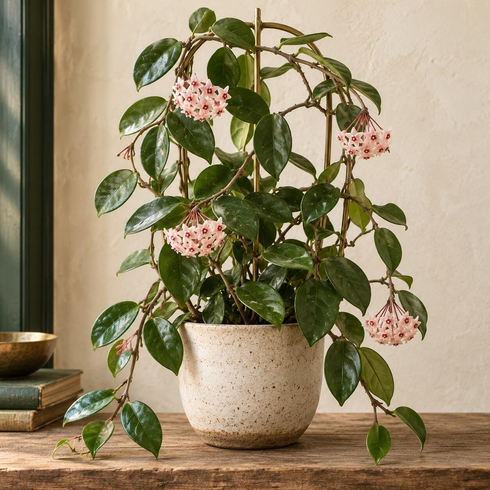 A wax plant in flower, its pink starburst clusters set against thick waxy foliage, in a cream ceramic pot. One of the Asian houseplants in the Stem & Vine plant atlas, Baltimore.