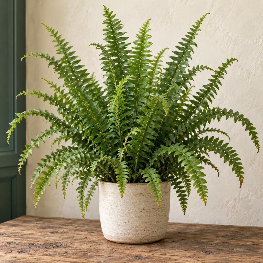 A Kimberley Queen fern with upright arching fronds filling a cream ceramic pot. One of the Australian houseplants in the Stem & Vine plant atlas, Baltimore.