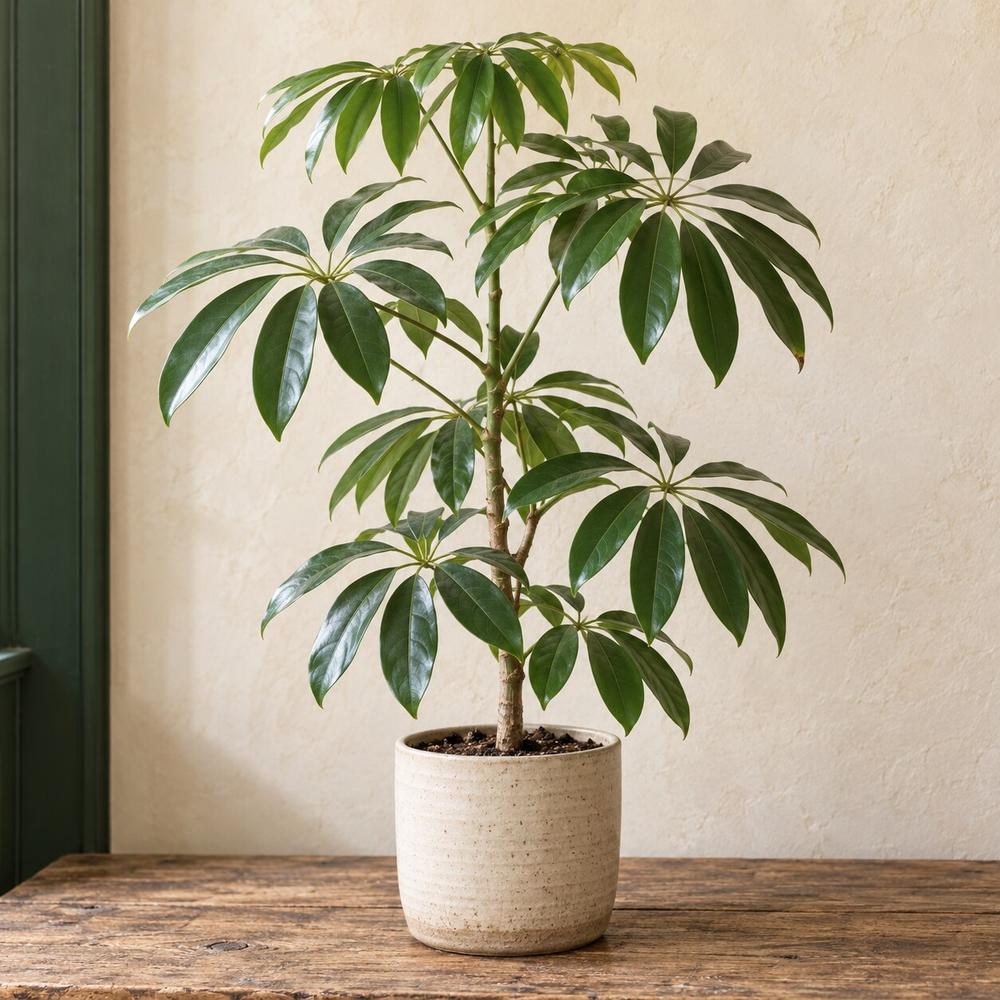 An umbrella tree, leaflets spread like spokes from each stem, in a cream ceramic pot. One of the Australian houseplants in the Stem & Vine plant atlas, Baltimore.