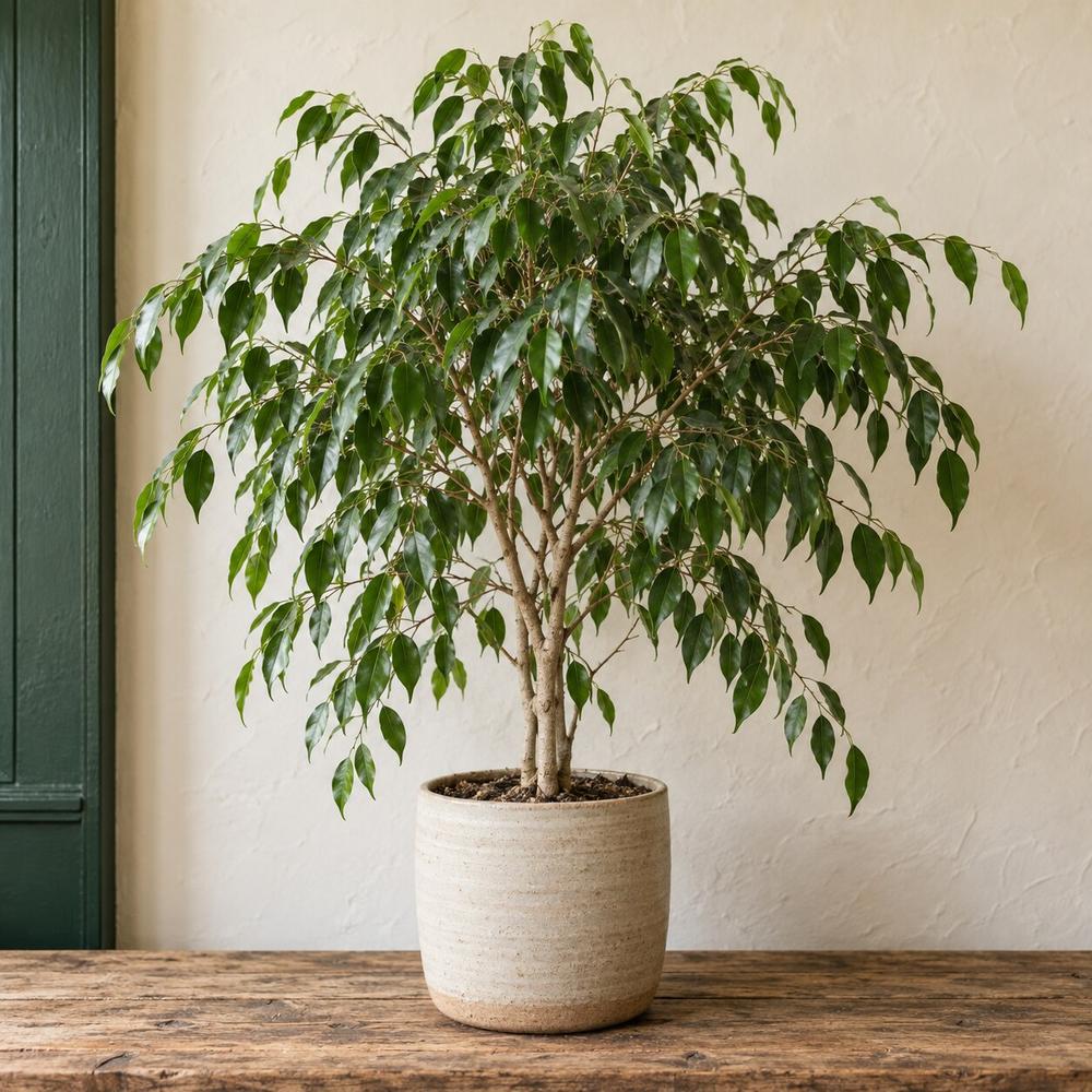 A weeping fig with a dense canopy of small glossy leaves on a slender trunk, in a cream ceramic pot. One of the Australian houseplants in the Stem & Vine plant atlas, Baltimore.