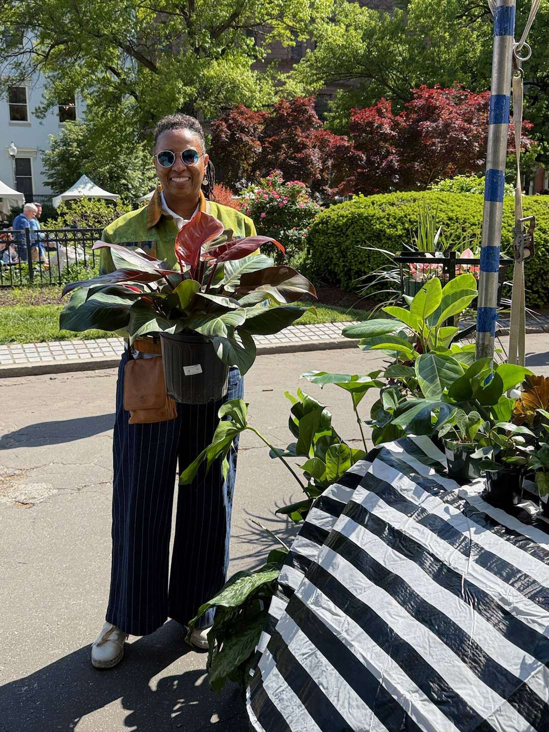 Guest carrying a striped prayer plant home from a Stem & Vine plant market in Baltimore