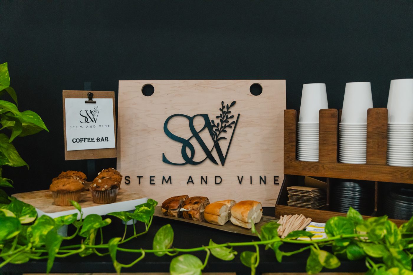 The Stem & Vine coffee bar set with pastries and cups for a meeting in the Stem Room